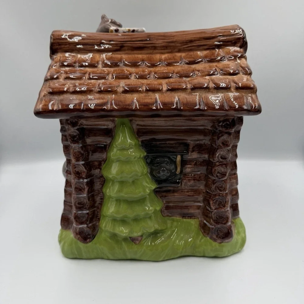 Big Sky Carvers‎ Ranger Station Bears Moose Log Cabin Ceramic Cookie Jar Rare